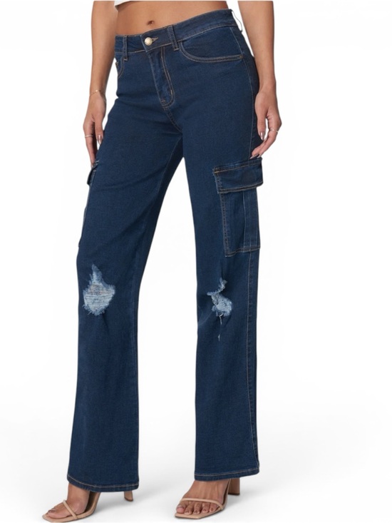 bebe Denim - Bebe Dark Blue Cargo Distressed Wide Leg Jeans - Size 10/30